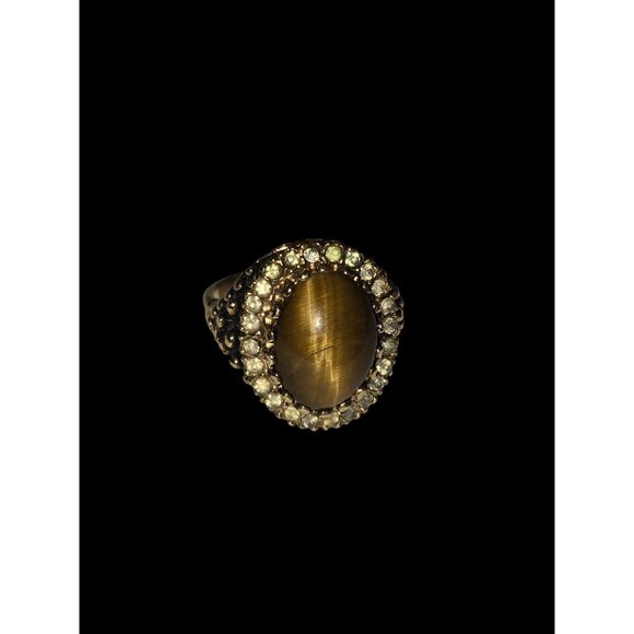 Vintage Tigers Eye Ring Cabochon Rhinestone Halo Cocktail 18 GE Espo Gold-Tone S - Picture 5 of 8